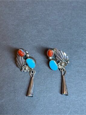 Vintage Southwest turquoise coral sterling silver dangle earrings